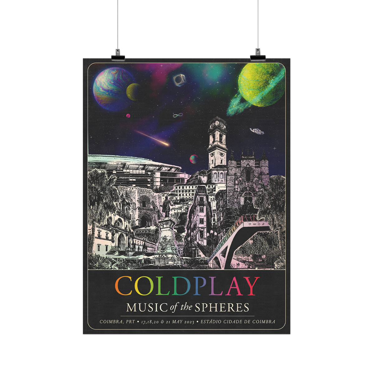 The spheres,🌘&a rainbow arc on a starry night sky above city landmarks: A statue of D. João The Third, king of Portugal. The rustic, castle-like, old cathedral made of stone brick and tiles at the top. The new cathedral with stairs and an arch. The Estádio Cidade De Coimbra, trees and tall grass. A shooting star falls behind Coimbra University Tower. A🤍♾️circle&🌈adorn the main bridge, that crosses the river. COLDPLAY written in neon rainbow colors. MUSIC OF THE SPHERES, dates&venue