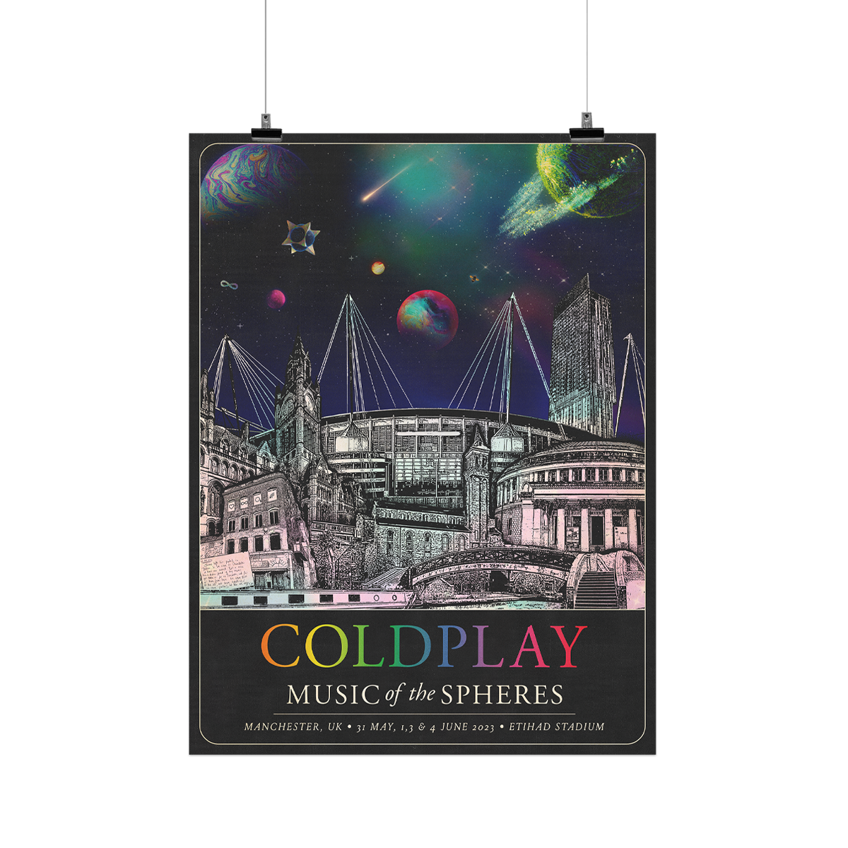 The spheres,🌘&a rainbow arc on a starry night sky above city landmarks: Beetham Tower skyscraper. Etihad stadium. A boat on Castlefield’s Bridgewater canal. A Victorian red and white bridge. The Central Library. Town Hall, with a bell chamber. Stairs lead to a clock. Grocer’s Warehouse, old industrial buildings, railways and a garden. A🤍♾️circle&🌈adorn Cuba Cafe, the place where Debs Wild found Coldplay. COLDPLAY written in neon rainbow colors. MUSIC OF THE SPHERES, dates&venue