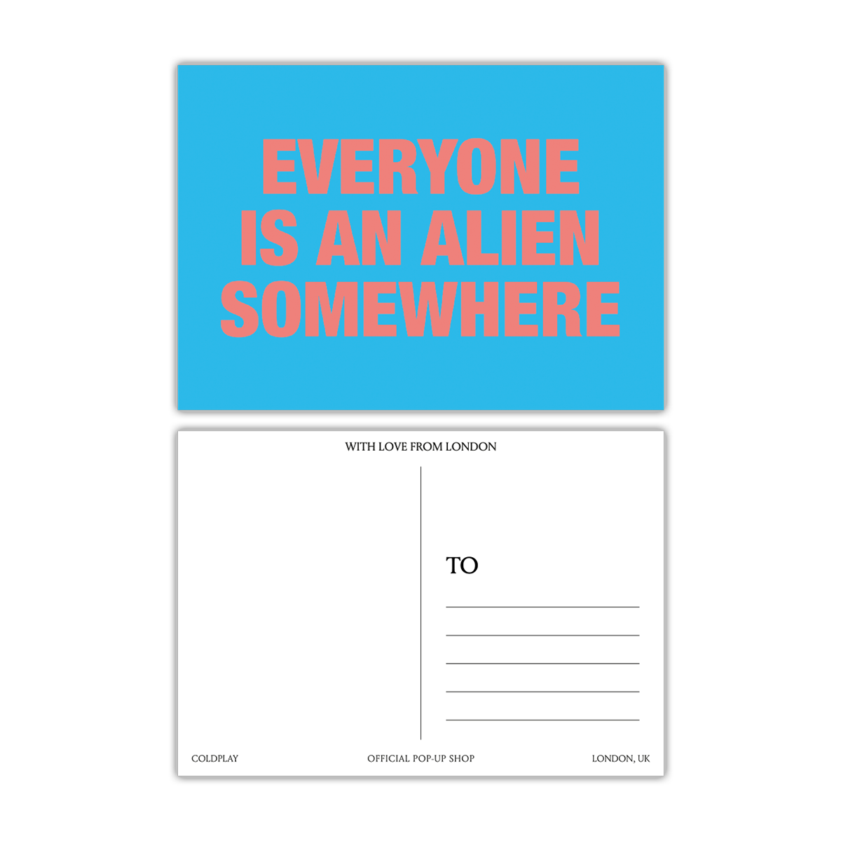 A side by side view of the front of the postcard alongside the back of the postcard. Both the front and back of the postcard design have a traditional landscape orientation.