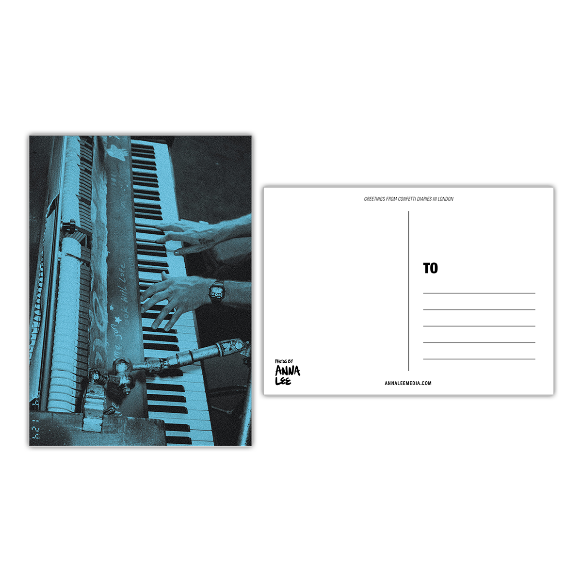 Side-by-side of a postcard’s front&back. The front is a close-up portrait of Chris’ hands playing a piano with exposed hammers. Chris wears a digital watch on his left wrist&handwritten words on the piano read “look with love.” The image is washed in pale blue. The back in landscape orientation includes a writing space on the left, address lines on the right, “GREETINGS FROM CONFETTI DIARIES IN LONDON” in sloped text at the top, “Photos by Anna Lee” in the bottom right&“Annaleemedia.com” centered below.