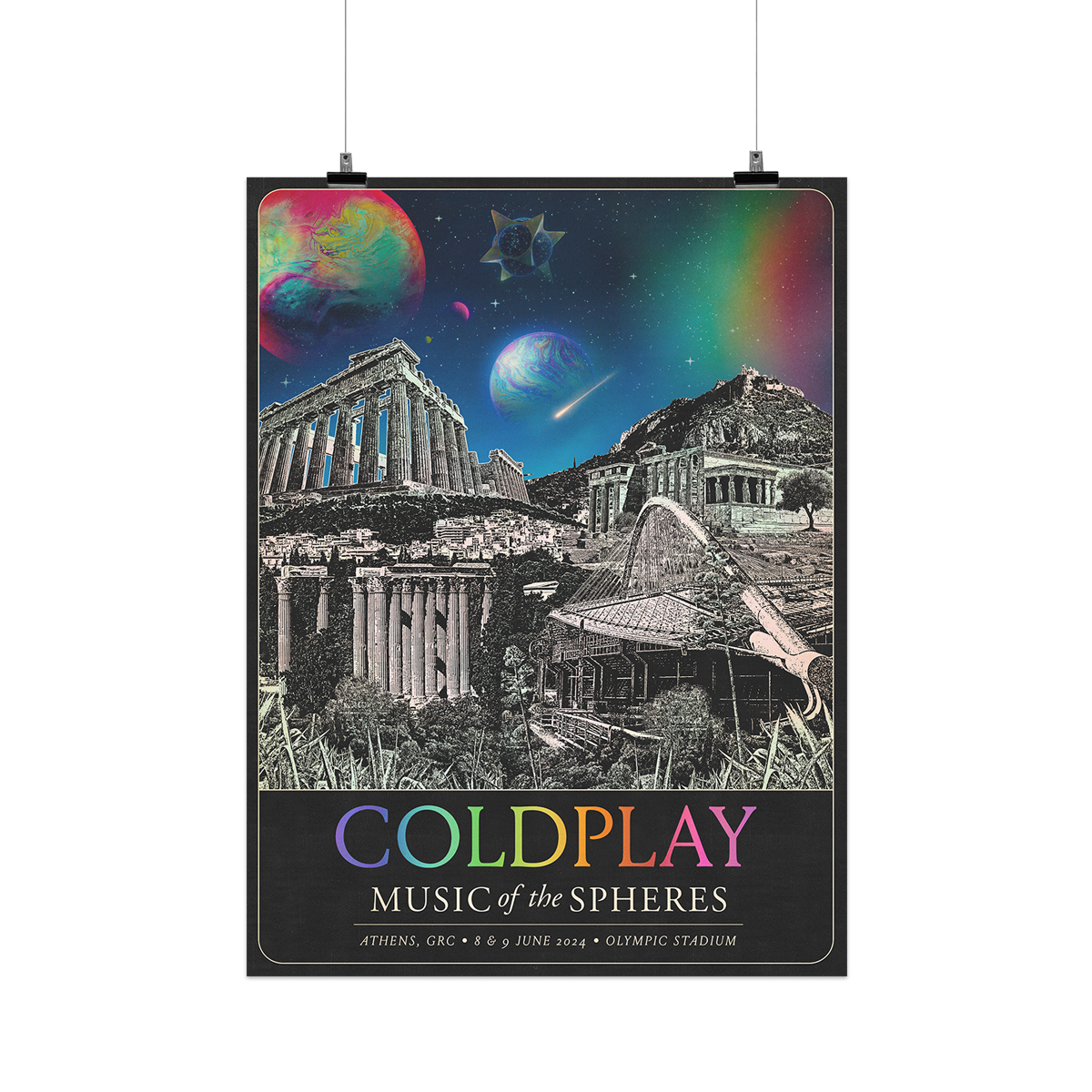 The spheres,🌘&a rainbow arc on a starry night sky above city landmarks: The Acropolis, in 2 parts: The Parthenon with beautiful marble columns, and the Erechtheion with 5 caryatids: woman sculptures serving as pillars, proudly supporting its weight. The Parthenon is adorned by a🤍♾️circle&🌈The Temple of Olympian Zeus. The Church of Saint George Lycabettus on a hill. Olympic Stadium, contemporary houses and trees. COLDPLAY written in neon rainbow colors. MUSIC OF THE SPHERES, dates&venue