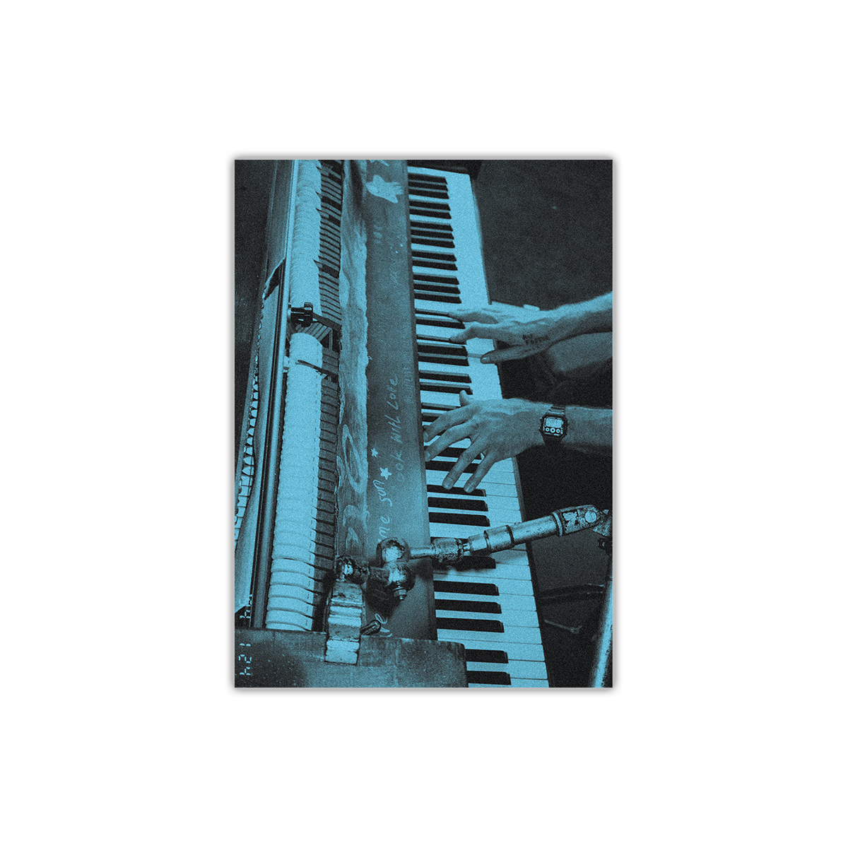 The front is a close-up portrait of Chris’ hands playing a piano with exposed hammers. Chris wears a digital watch on his left wrist&handwritten words on the piano read “look with love.” The image is washed in pale blue.