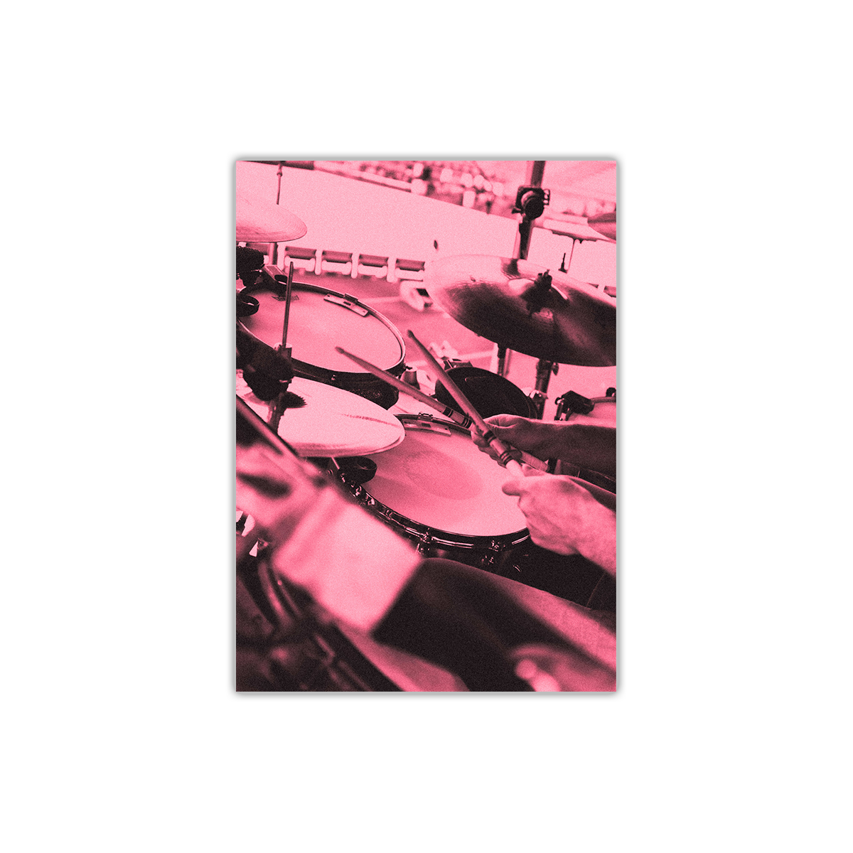 The front features a portrait photo close-up of Will’s hands playing the drums. His sticks are crossed over a symbol. The image is washed in a soft yet vibrant pink hue.