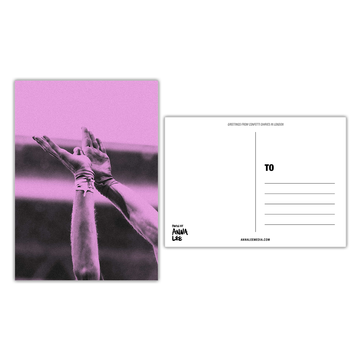 Side-by-side of a postcard’s front and back. The front shows a close-up of Chris’ hands, thumbs intertwined&palms flat forming the image of a bird in flight. He wears 2 shoestring bracelets on his right wrist&1 on his left. The image is washed in purple. The back, in landscape orientation includes a writing space on the left, address lines on the right, “GREETINGS FROM CONFETTI DIARIES IN LONDON” in sloped text at the top, “Photos by Anna Lee” in the bottom right&“Annaleemedia.com” centered below.