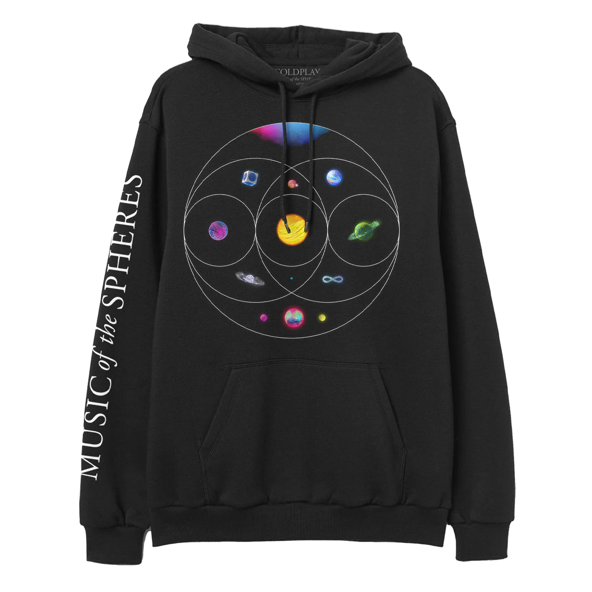 Front:COLDPLAY in neon colors across the chest of a black hoodie.11 planets sit inside eccentric circles which overlap like a Venn diagram below.A pink & blue nebula. A blue planet in a silver cube.Pink planet with orange crater & green moon. One where light blue, orange&pink streaks flow as water, a yellow and orange sun-like planet, one of magenta&dark blue waves,a green planet with a ring made of foliage,an opalescent sphere with large ring,a purple,green & blue infinity sign, & a pink, blue&green planet