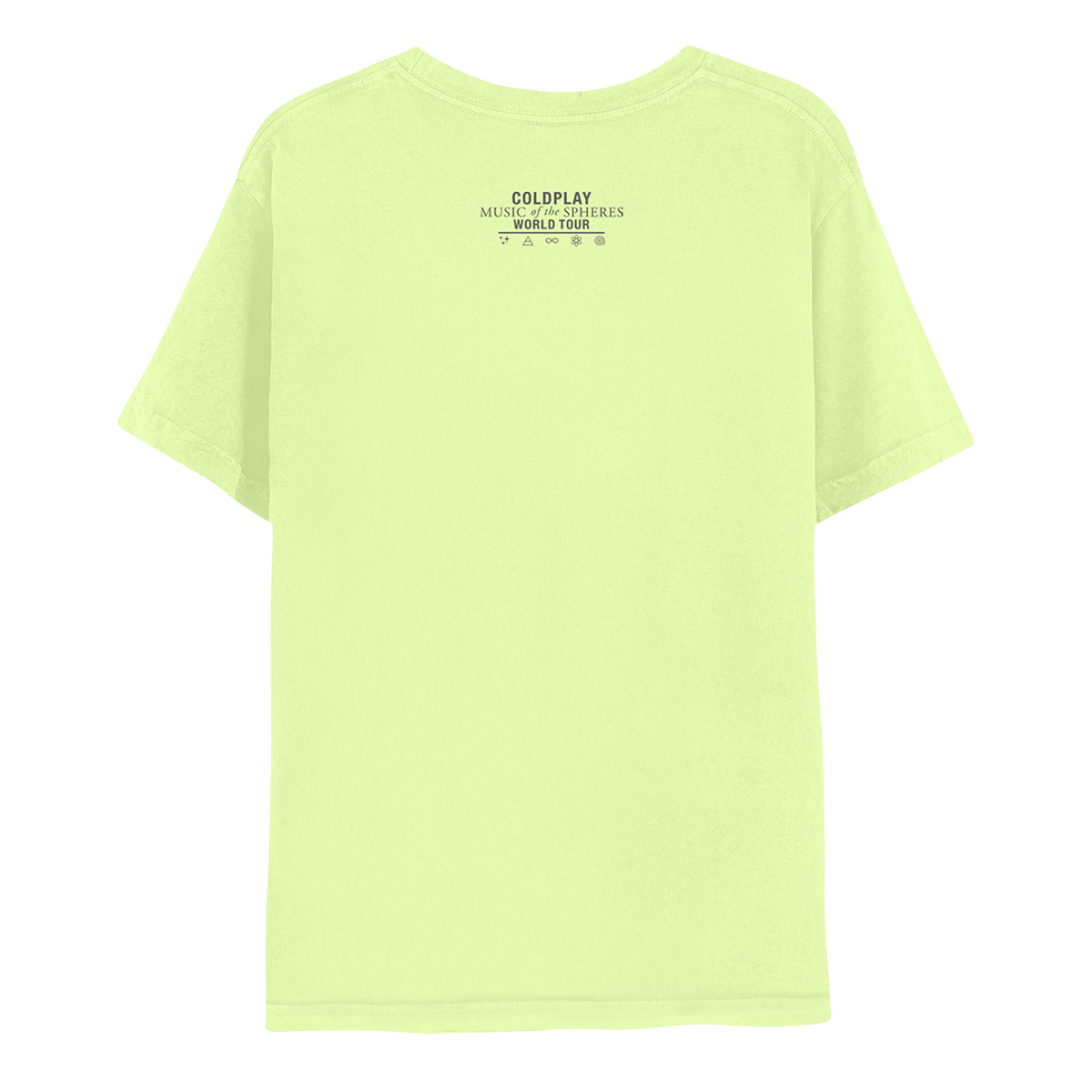 Back: COLDPLAY MUSIC of the SPHERES WORLD TOUR and symbols in dark grey: sparkles like 3 tiny stars, a triangle with a horizontal line through it, means air in alchemy, an infinity sign, an atom with 3 elliptical orbits and electrons revolving around a nucleus, and a spiral as a cyclone.
