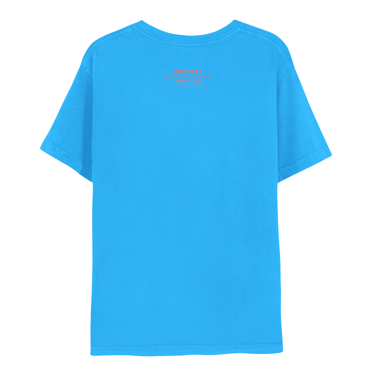 Back: COLDPLAY MUSIC of the SPHERES WORLD TOUR and symbols in salmon pink: sparkles like 3 tiny stars, a triangle with a horizontal line through it, means air in alchemy, an infinity sign, an atom with 3 elliptical orbits and electrons revolving around a nucleus, and a spiral as a cyclone.