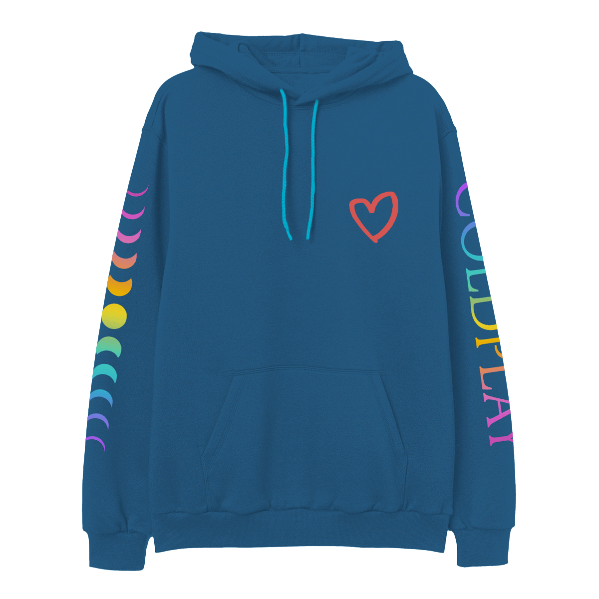 Front: A red hand-drawn heart is printed on the chest of a blue hoodie with front pocket and light blue hoodie string. COLDPLAY is printed vertically on left sleeve. C is purple, O light blue, L is green, D green to yellow, P is orange, L dark orange, A pink, Y is fuchsia. An 11-phase lunar cycle is printed vertically on the right sleeve. The moons are fuchsia, orange, yellow, green, blue and lilac.