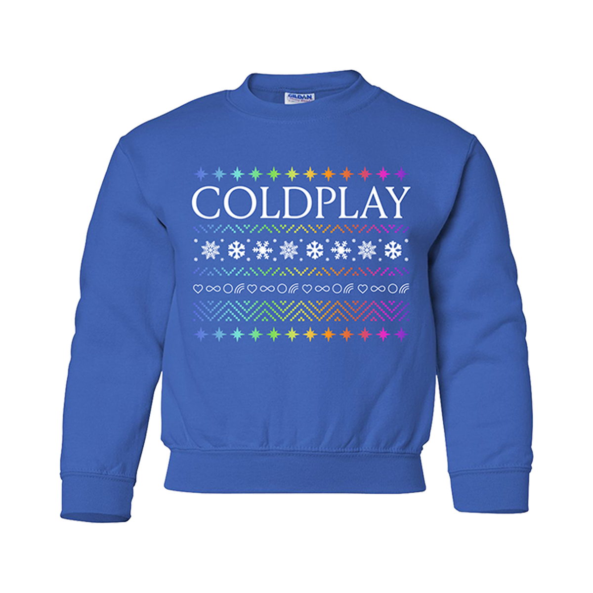 BlueCrewneckSweatshirt:ColdplayPrintedOnChestInWhite:OnTheTopIs aRowOfStarsInAllColorsOfThe🌈Blue,Green,Yellow,Orange,Red,Pink&Purple. BeneathColdplayIs aZigzagPatternOfConnected V-shapePeaks,SomeGoUp,SomeGoDown; DotsFormBlue, green, yellow,Orange,Red,Pink&purpleTriangles; aRowOfWhiteSnowflakesIsOn aPatchOfTinyCrossStitches, InMatchingColors;Dotted V shapeTrianglesRepeat, FollowedByWhiteInfinitySigns,WavyLines&whiteOutlinedHearts. TheDotted V shapesThickenToDoubleSize,Above aFinalRainbowStarsBorder