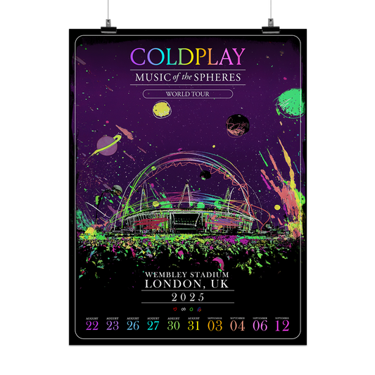 Wembley Stadium drawn in a sketch style with a large crowd gathered in front – the background is dark purple and the sketch is in neon green&bright purple with splatters of paint in yellow, pink, coral, and dark purple. There are planets in the sky. Coldplay Music of the Spheres World Tour logos at the top. Wembley Stadium London, UK 2025 and dates at the bottom.