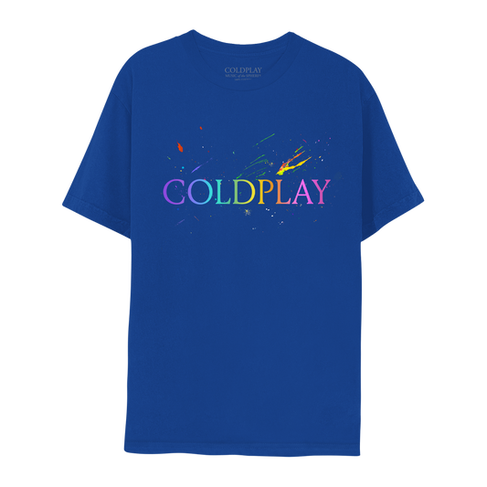 Front: “COLDPLAY” printed large across the chest of a royal blue tee. C is lilac, O is teal, L is light green, D is yellow, P is yellow orange, L is orange pink, A is light pink, and Y is dark pink. Behind the logo are light paint splatters in red, orange, yellow, green, blue and purple.