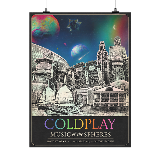 The spheres, 🌘&a rainbow arc on a starry night sky above city landmarks: Kai Tak Stadium, a bronze sculpture of Buddha sitting on a lotus flower throne; Wong Tai Sin Temple, with stairs to the entrance, pillars&roofs; a clock tower, with round arched doors& an octagonal belfry; the Star ferry pier; a tall junk Boat with 2 sails; Bank of China skyscraper, and Chi Lin Nunnery. A 🤍♾️circle&🌈 adorn the base of its balcony. COLDPLAY written in neon rainbow colors. MUSIC OF THE SPHERES, HONG KONG, dates&venue