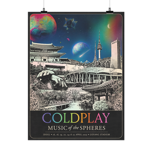 The spheres, 🌘&a rainbow arc on a starry night sky above city landmarks: N Seoul Tower on a Mountain, with cylindrical base, large windows, observation deck&antennas; Yeouido Park's grassy fields, gardens&gazebo; forest cherry blossoms; Gangnam statue of 2 huge hands with wrists crossed as if holding reins in a horse ride dance; Gyeongbokgung Palace; National Museum, 63 building&Goyang stadium. A 🤍♾️circle&🌈 adorn its roof. COLDPLAY written in neon rainbow colors. MUSIC OF THE SPHERES, Seoul, dates&venue